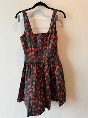 J. Crew Black Sleeveless Fit-and-Flare Dress with Red Floral Print